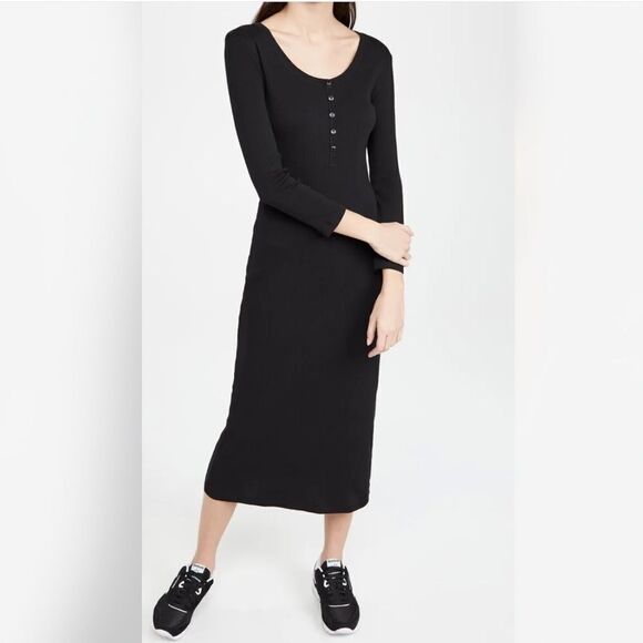 Ba&sh Taylor Rib Knit Henley Long Sleeve Midi Dress In Black - Picture 1 of 9